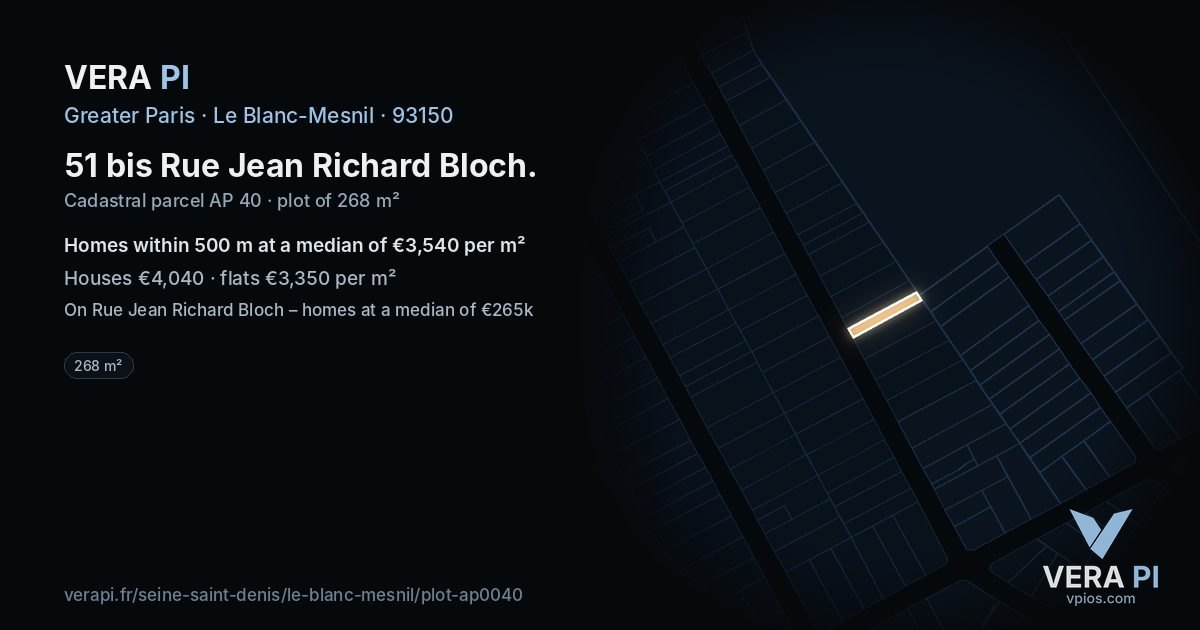 51 bis Rue Jean Richard Bloch, Le Blanc-Mesnil at night – the plot lit, the parcels around coloured by the prices near them