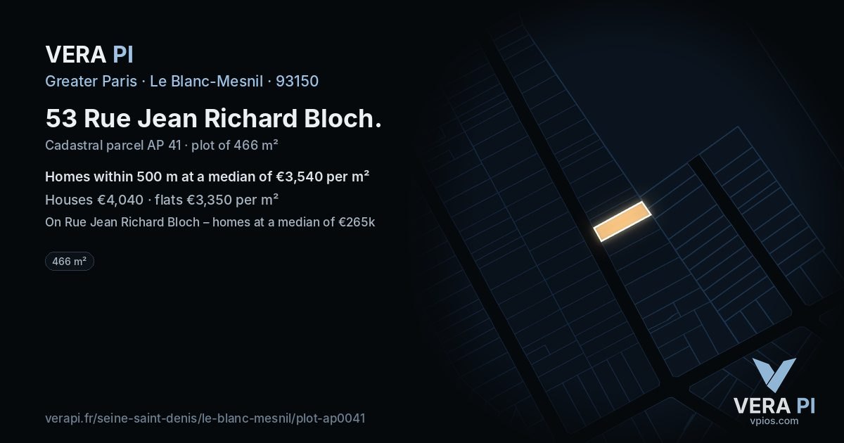 53 Rue Jean Richard Bloch, Le Blanc-Mesnil at night – the plot lit, the parcels around coloured by the prices near them