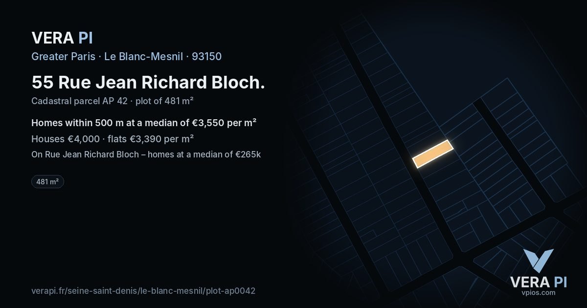 55 Rue Jean Richard Bloch, Le Blanc-Mesnil at night – the plot lit, the parcels around coloured by the prices near them