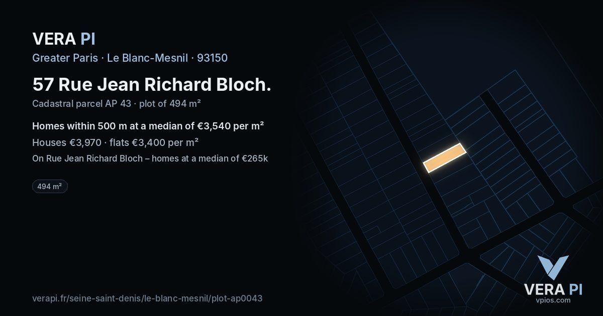 57 Rue Jean Richard Bloch, Le Blanc-Mesnil at night – the plot lit, the parcels around coloured by the prices near them