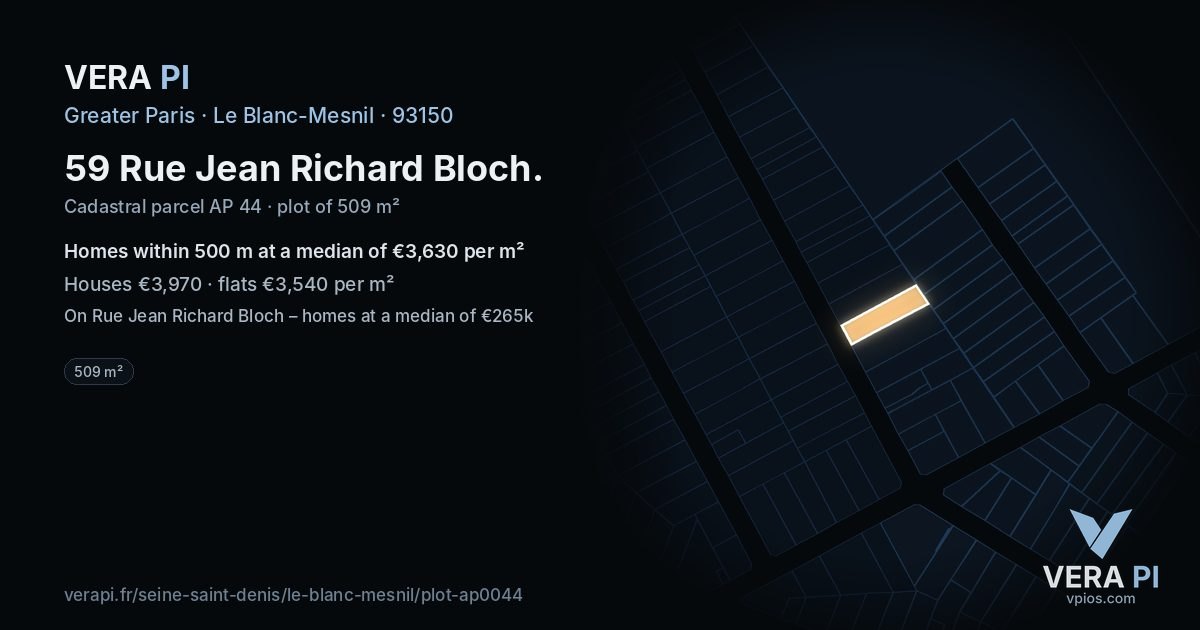59 Rue Jean Richard Bloch, Le Blanc-Mesnil at night – the plot lit, the parcels around coloured by the prices near them