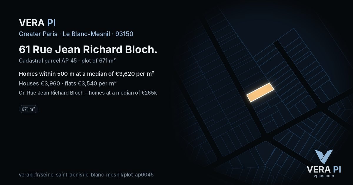 61 Rue Jean Richard Bloch, Le Blanc-Mesnil at night – the plot lit, the parcels around coloured by the prices near them