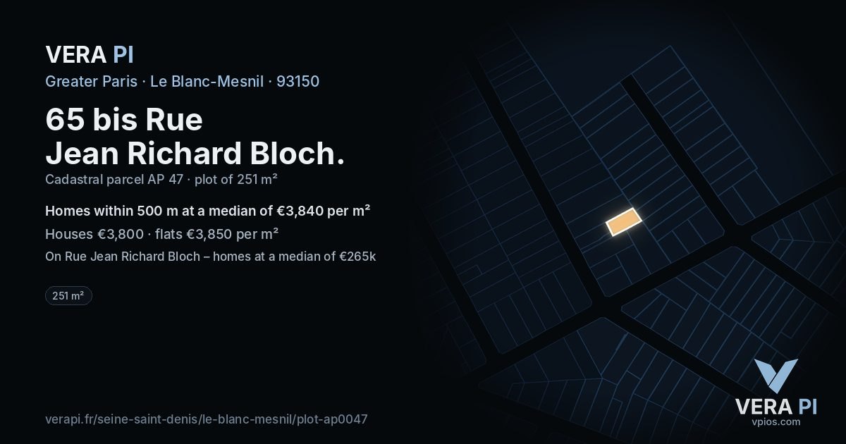 65 bis Rue Jean Richard Bloch, Le Blanc-Mesnil at night – the plot lit, the parcels around coloured by the prices near them