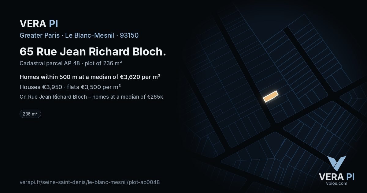 65 Rue Jean Richard Bloch, Le Blanc-Mesnil at night – the plot lit, the parcels around coloured by the prices near them