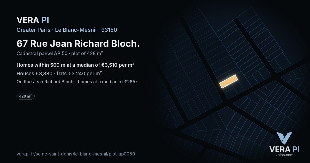 67 Rue Jean Richard Bloch, Le Blanc-Mesnil at night – the plot lit, the parcels around coloured by the prices near them