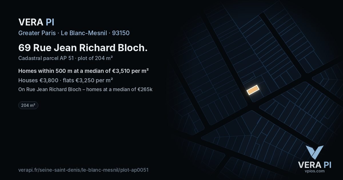 69 Rue Jean Richard Bloch, Le Blanc-Mesnil at night – the plot lit, the parcels around coloured by the prices near them
