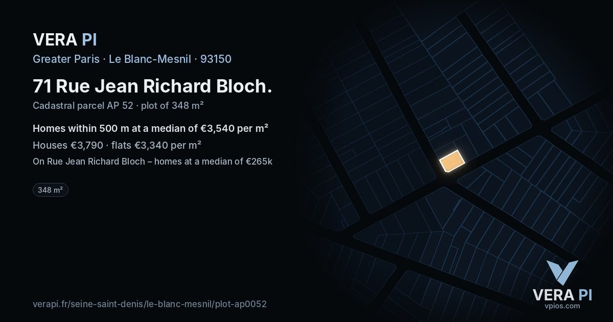 71 Rue Jean Richard Bloch, Le Blanc-Mesnil at night – the plot lit, the parcels around coloured by the prices near them