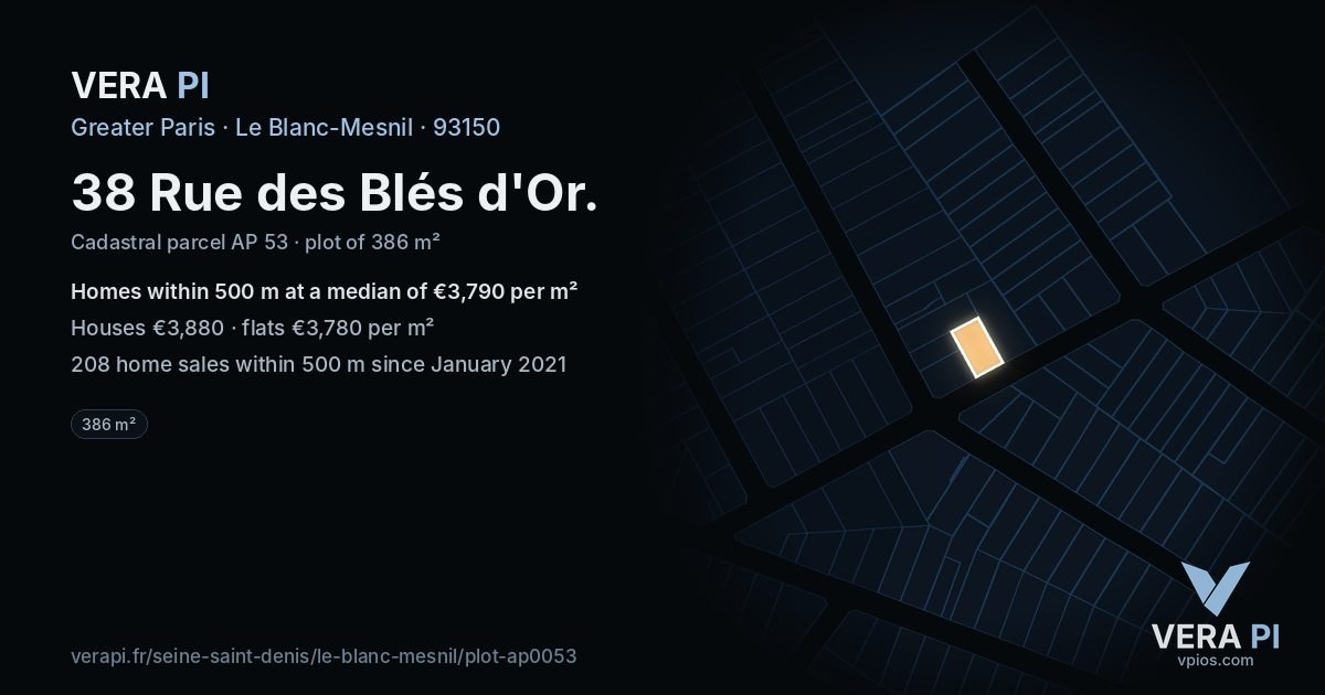 38 Rue des Blés d'Or, Le Blanc-Mesnil at night – the plot lit, the parcels around coloured by the prices near them