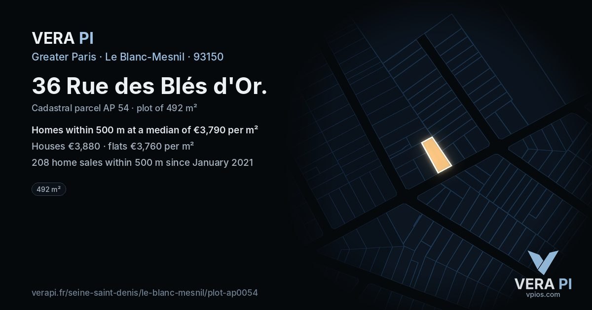 36 Rue des Blés d'Or, Le Blanc-Mesnil at night – the plot lit, the parcels around coloured by the prices near them