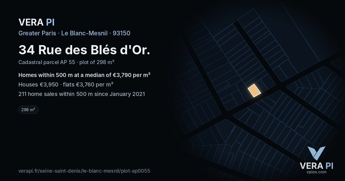 34 Rue des Blés d'Or, Le Blanc-Mesnil at night – the plot lit, the parcels around coloured by the prices near them