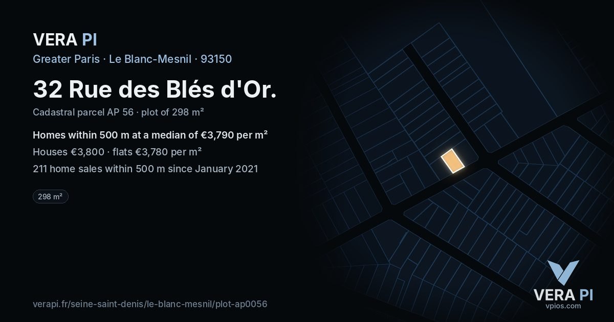 32 Rue des Blés d'Or, Le Blanc-Mesnil at night – the plot lit, the parcels around coloured by the prices near them