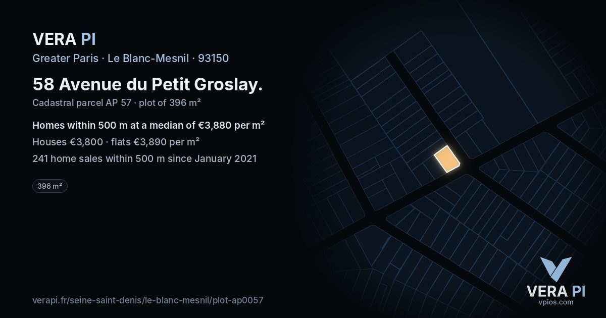 58 Avenue du Petit Groslay, Le Blanc-Mesnil at night – the plot lit, the parcels around coloured by the prices near them
