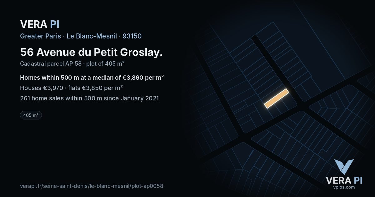 56 Avenue du Petit Groslay, Le Blanc-Mesnil at night – the plot lit, the parcels around coloured by the prices near them