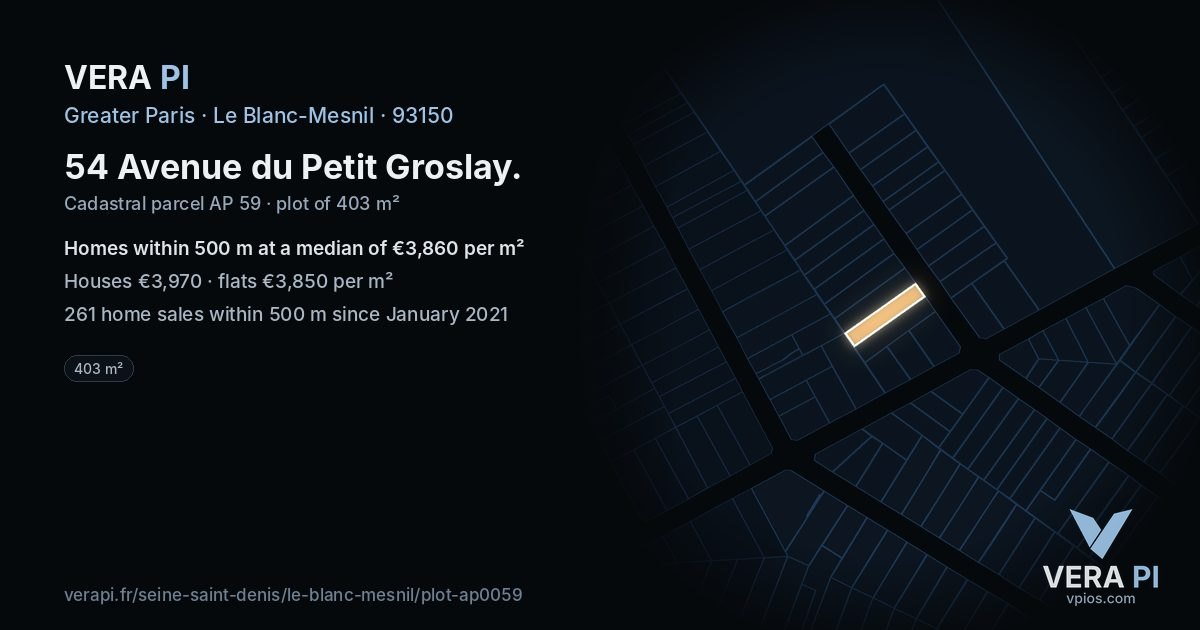 54 Avenue du Petit Groslay, Le Blanc-Mesnil at night – the plot lit, the parcels around coloured by the prices near them