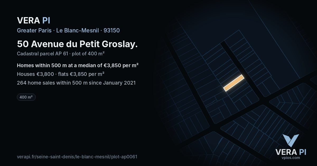 50 Avenue du Petit Groslay, Le Blanc-Mesnil at night – the plot lit, the parcels around coloured by the prices near them