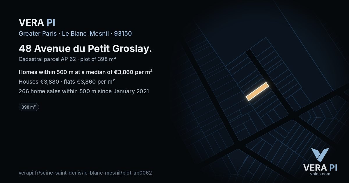 48 Avenue du Petit Groslay, Le Blanc-Mesnil at night – the plot lit, the parcels around coloured by the prices near them