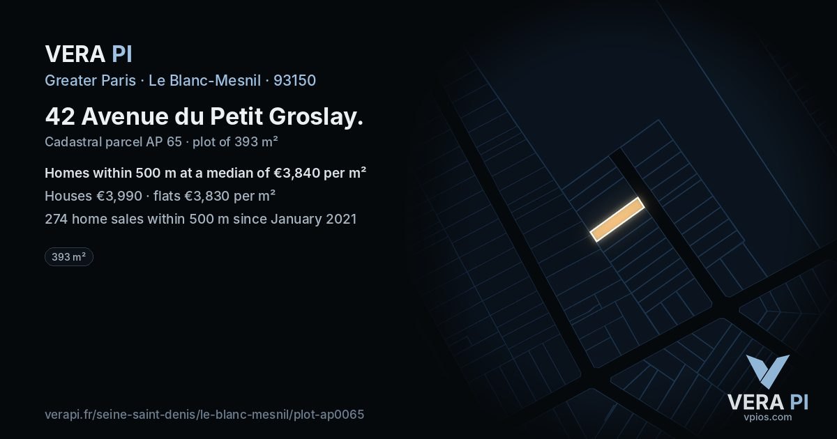 42 Avenue du Petit Groslay, Le Blanc-Mesnil at night – the plot lit, the parcels around coloured by the prices near them