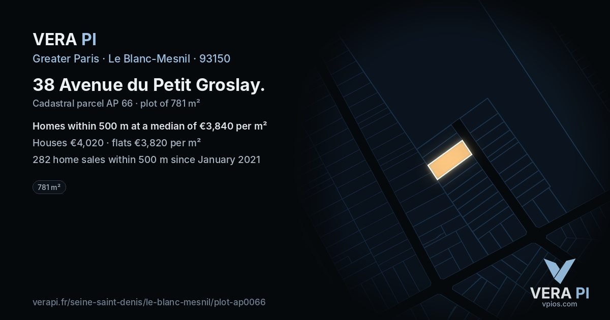 38 Avenue du Petit Groslay, Le Blanc-Mesnil at night – the plot lit, the parcels around coloured by the prices near them