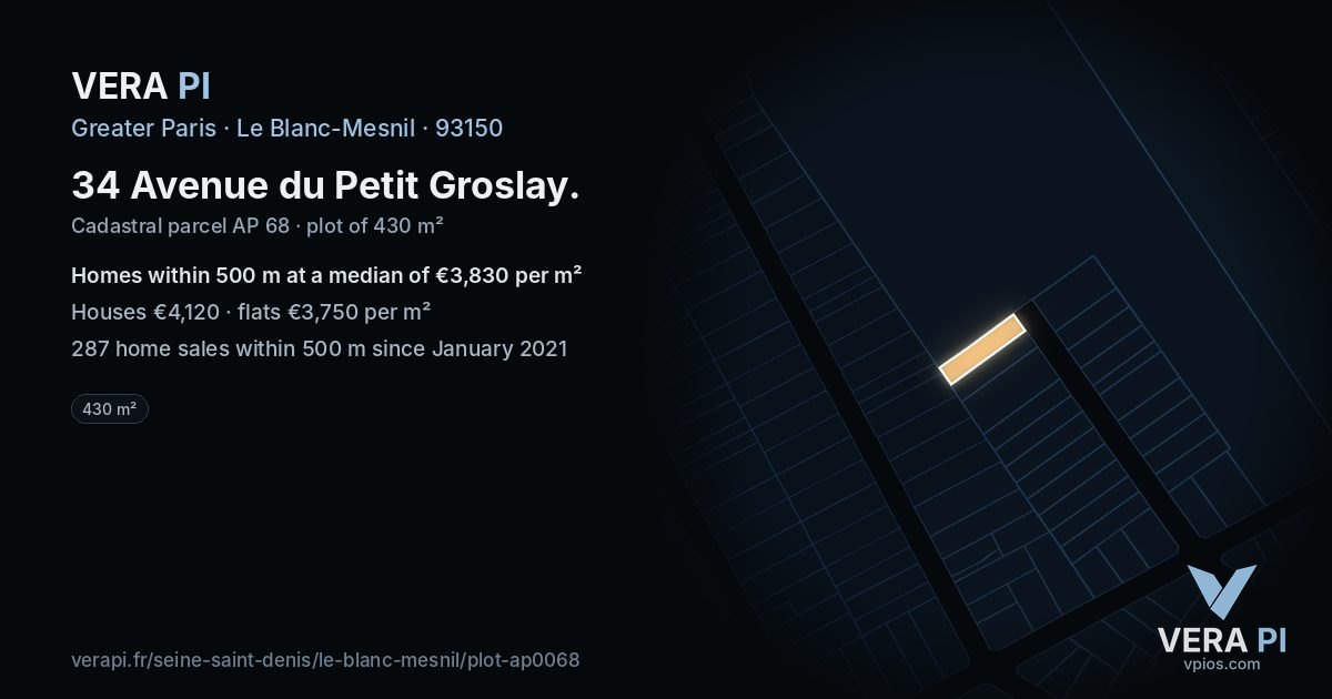 34 Avenue du Petit Groslay, Le Blanc-Mesnil at night – the plot lit, the parcels around coloured by the prices near them