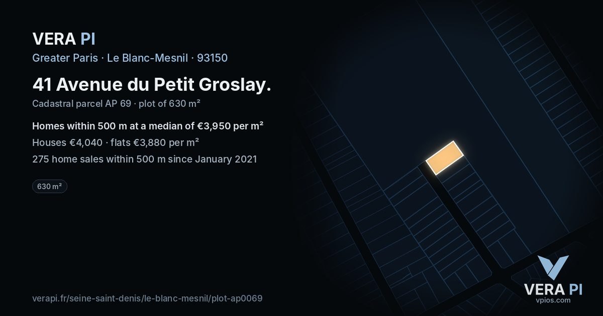 41 Avenue du Petit Groslay, Le Blanc-Mesnil at night – the plot lit, the parcels around coloured by the prices near them