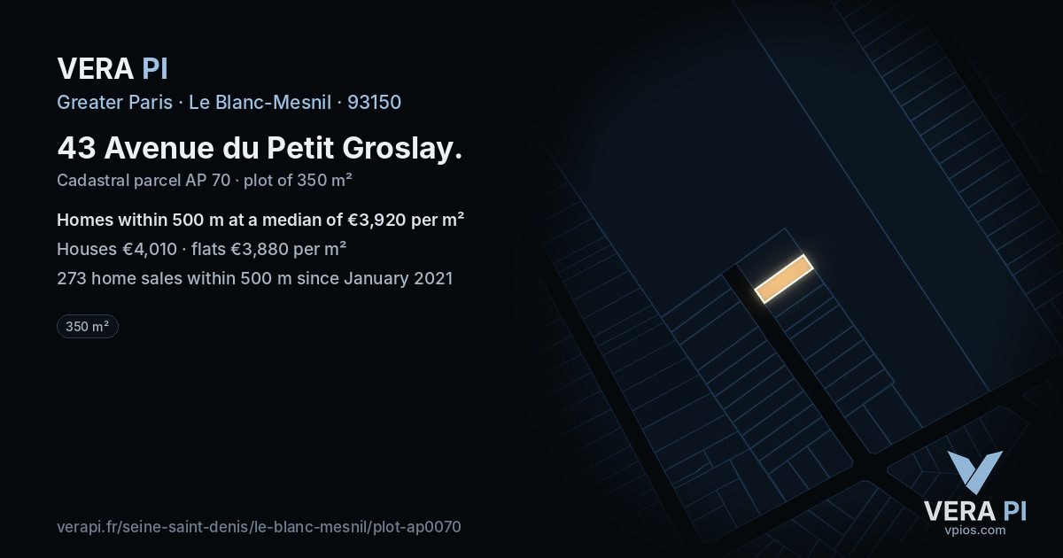 43 Avenue du Petit Groslay, Le Blanc-Mesnil at night – the plot lit, the parcels around coloured by the prices near them