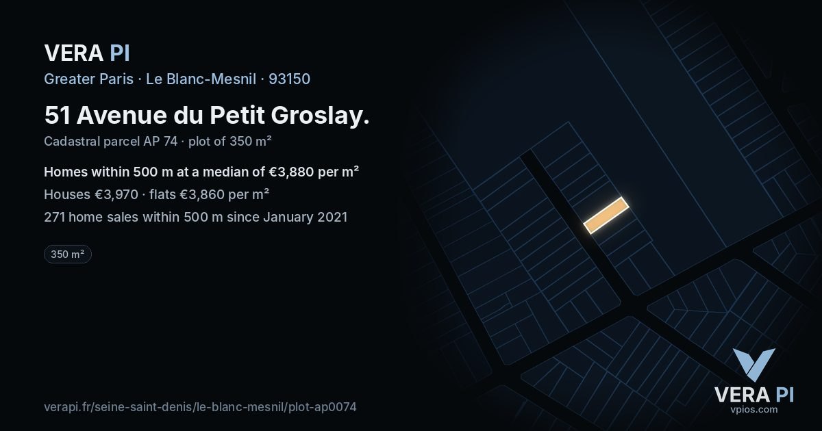 51 Avenue du Petit Groslay, Le Blanc-Mesnil at night – the plot lit, the parcels around coloured by the prices near them