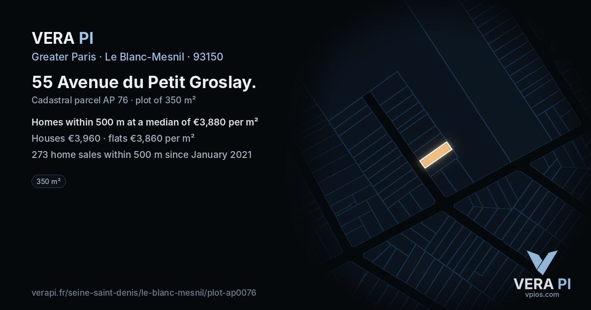 55 Avenue du Petit Groslay, Le Blanc-Mesnil at night – the plot lit, the parcels around coloured by the prices near them