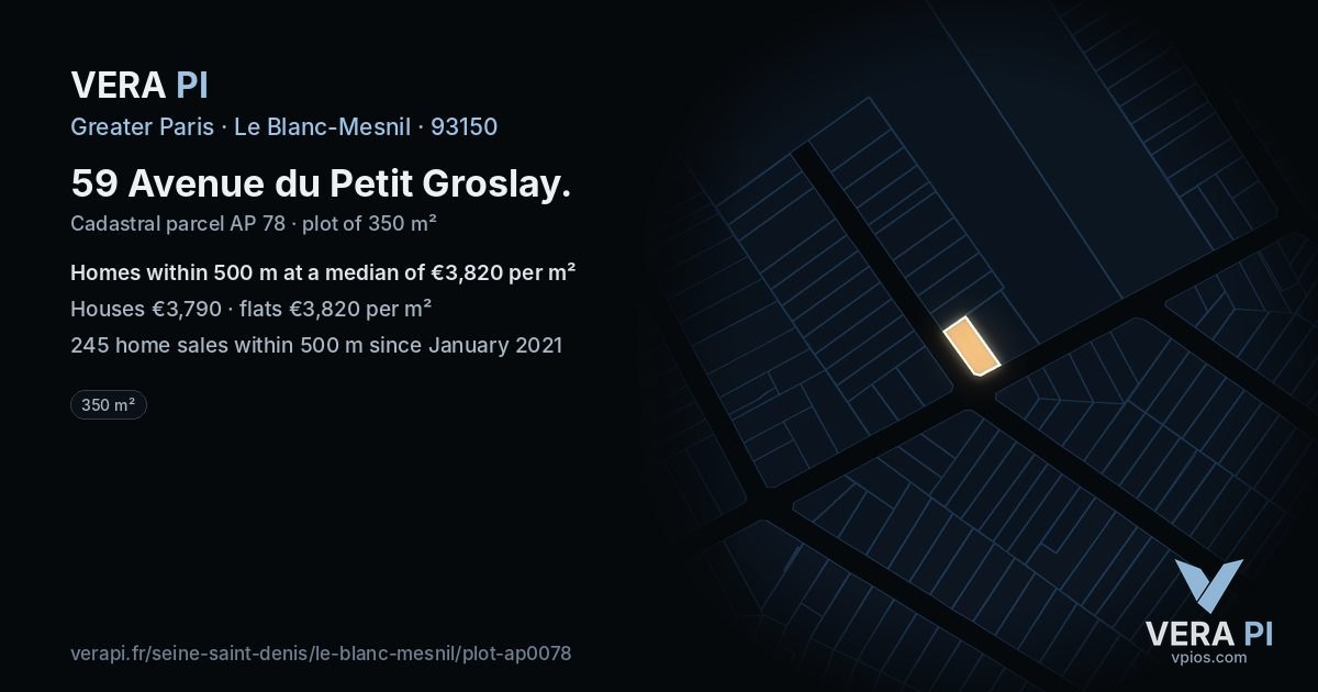 59 Avenue du Petit Groslay, Le Blanc-Mesnil at night – the plot lit, the parcels around coloured by the prices near them