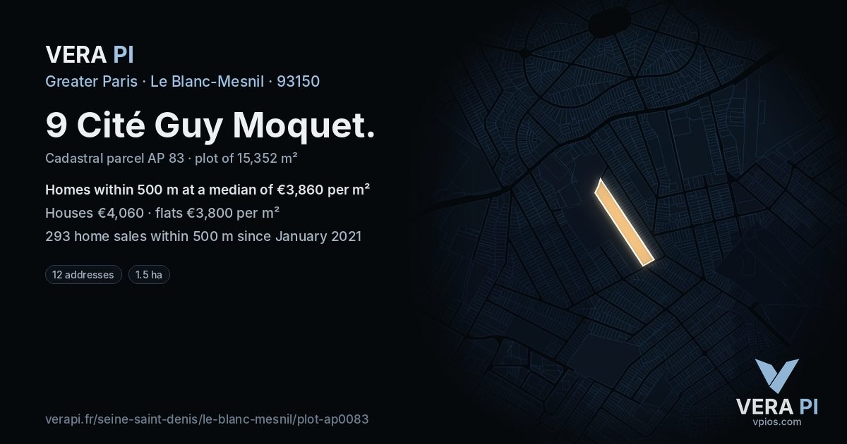 9 Cité Guy Moquet, Le Blanc-Mesnil at night – the plot lit, the parcels around coloured by the prices near them
