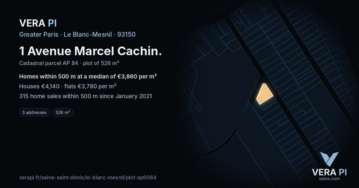 1 Avenue Marcel Cachin, Le Blanc-Mesnil at night – the plot lit, the parcels around coloured by the prices near them