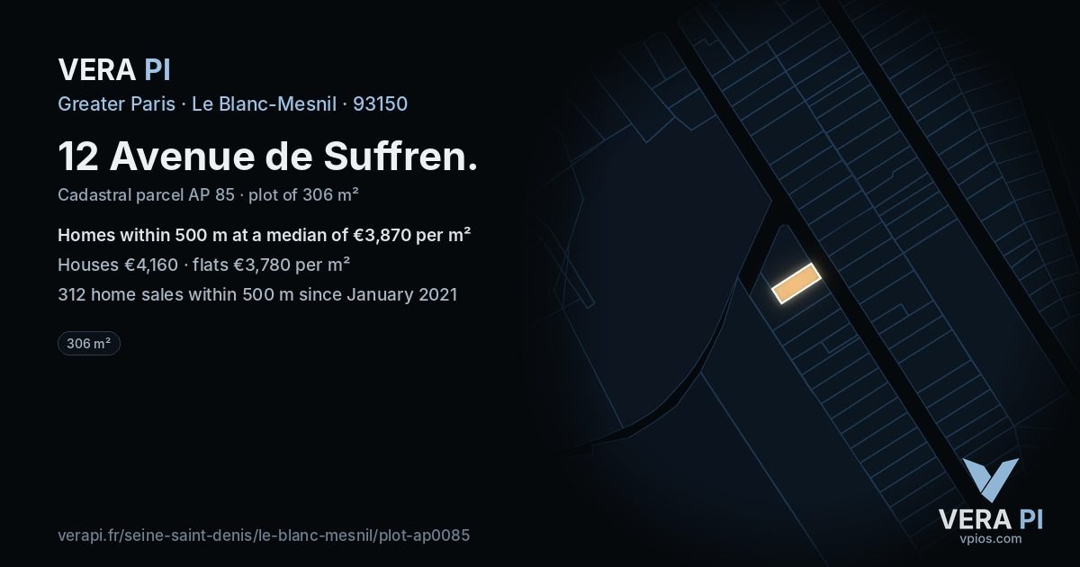 12 Avenue de Suffren, Le Blanc-Mesnil at night – the plot lit, the parcels around coloured by the prices near them