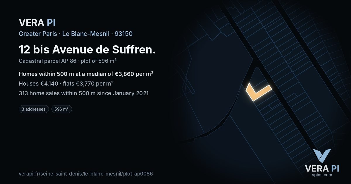 12 bis Avenue de Suffren, Le Blanc-Mesnil at night – the plot lit, the parcels around coloured by the prices near them
