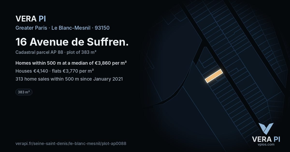 16 Avenue de Suffren, Le Blanc-Mesnil at night – the plot lit, the parcels around coloured by the prices near them