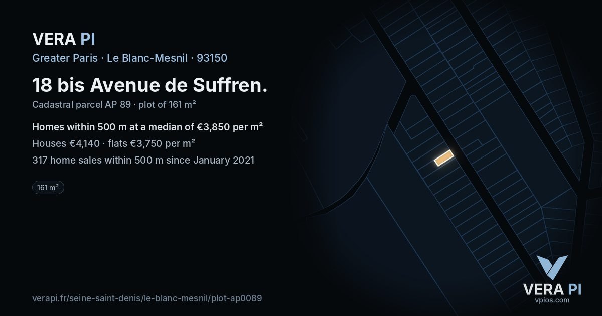 18 bis Avenue de Suffren, Le Blanc-Mesnil at night – the plot lit, the parcels around coloured by the prices near them