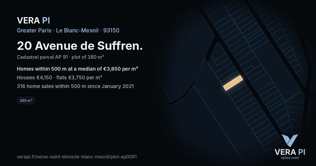 20 Avenue de Suffren, Le Blanc-Mesnil at night – the plot lit, the parcels around coloured by the prices near them