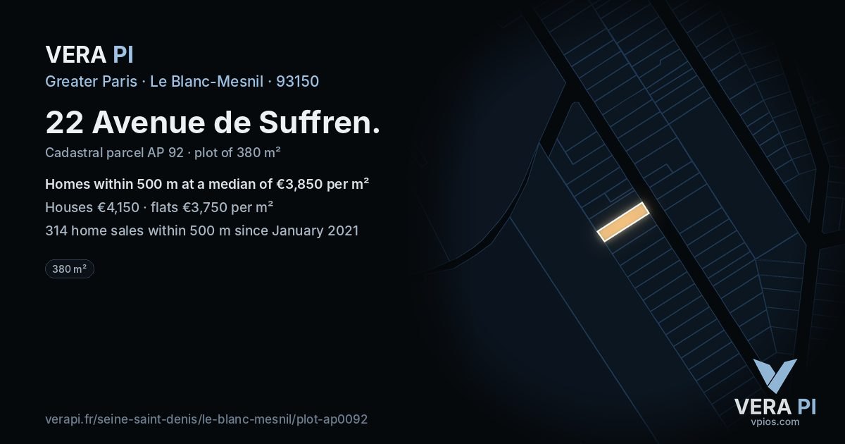 22 Avenue de Suffren, Le Blanc-Mesnil at night – the plot lit, the parcels around coloured by the prices near them