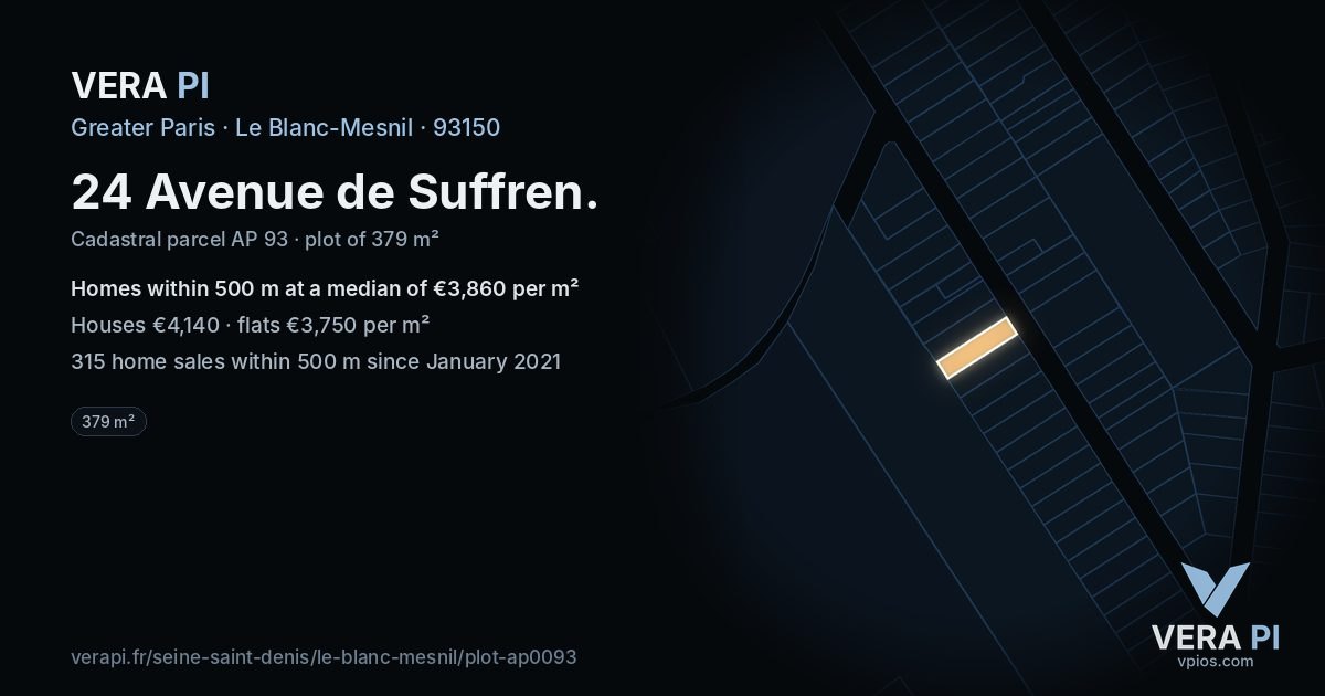 24 Avenue de Suffren, Le Blanc-Mesnil at night – the plot lit, the parcels around coloured by the prices near them