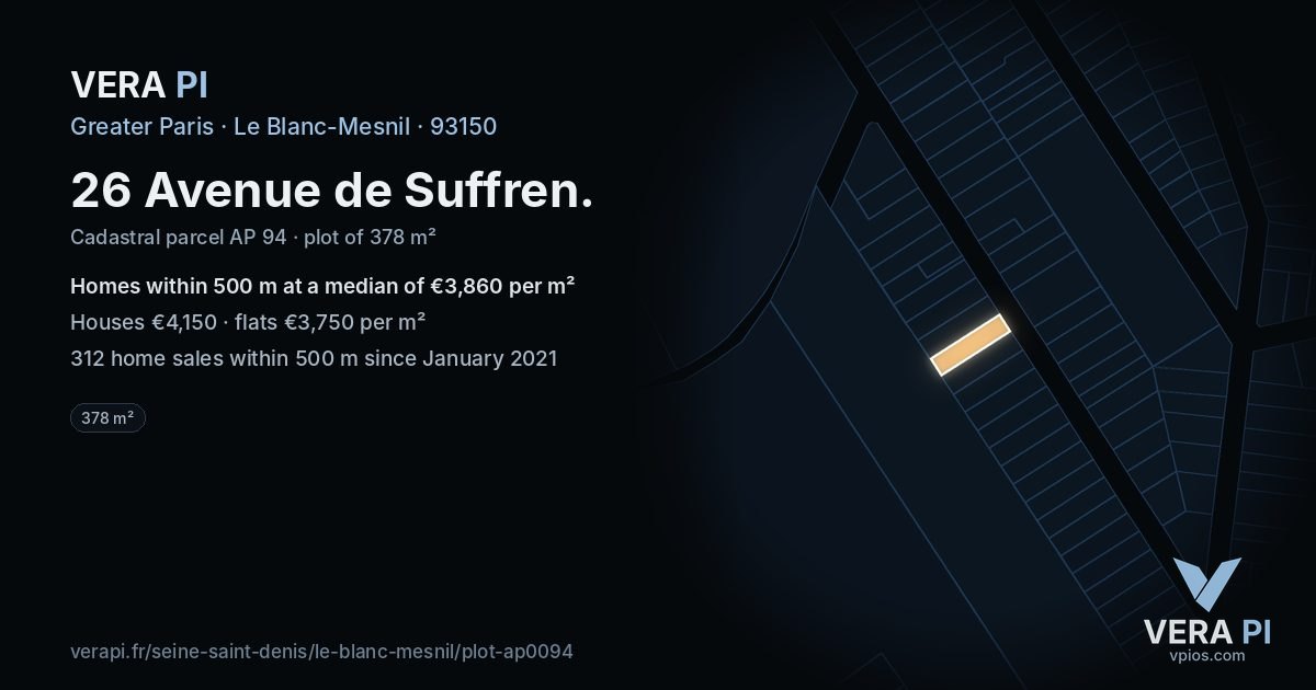 26 Avenue de Suffren, Le Blanc-Mesnil at night – the plot lit, the parcels around coloured by the prices near them