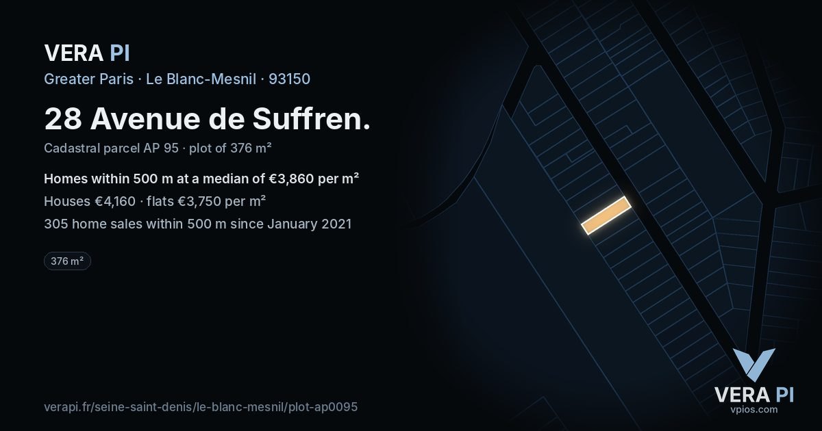 28 Avenue de Suffren, Le Blanc-Mesnil at night – the plot lit, the parcels around coloured by the prices near them