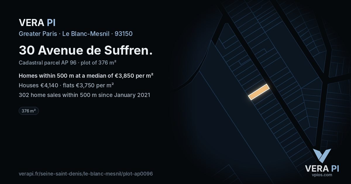 30 Avenue de Suffren, Le Blanc-Mesnil at night – the plot lit, the parcels around coloured by the prices near them