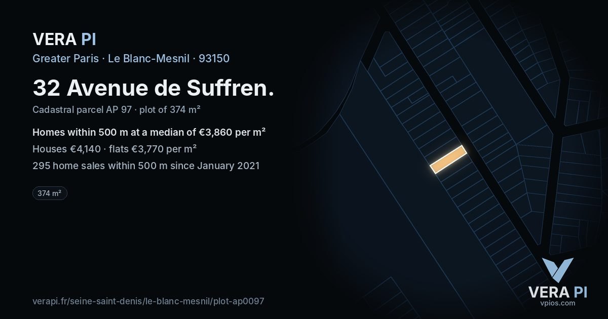 32 Avenue de Suffren, Le Blanc-Mesnil at night – the plot lit, the parcels around coloured by the prices near them