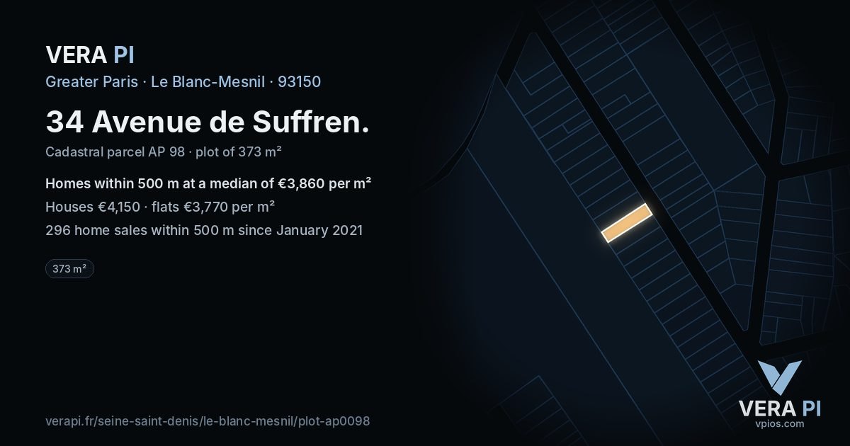 34 Avenue de Suffren, Le Blanc-Mesnil at night – the plot lit, the parcels around coloured by the prices near them
