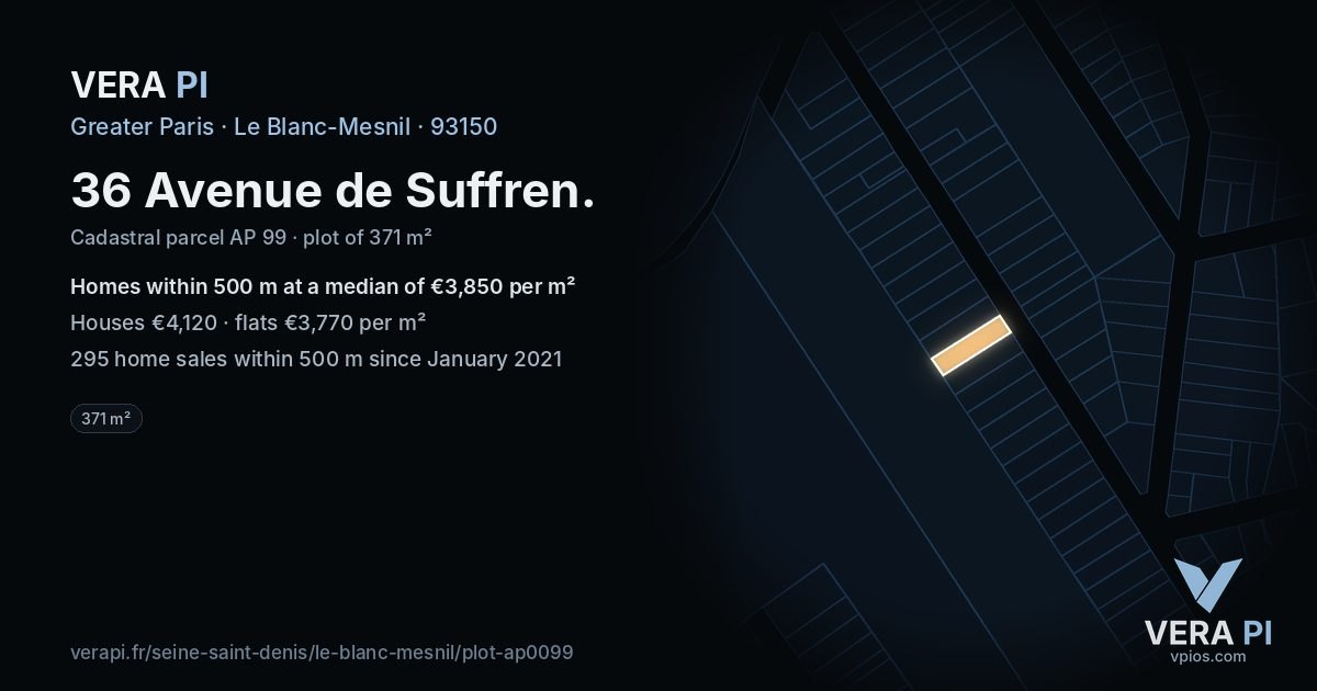 36 Avenue de Suffren, Le Blanc-Mesnil at night – the plot lit, the parcels around coloured by the prices near them