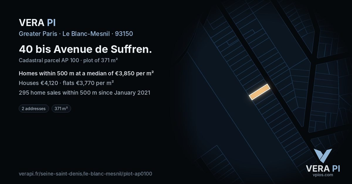 40 bis Avenue de Suffren, Le Blanc-Mesnil at night – the plot lit, the parcels around coloured by the prices near them