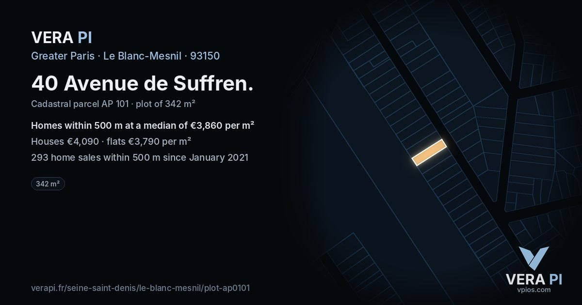 40 Avenue de Suffren, Le Blanc-Mesnil at night – the plot lit, the parcels around coloured by the prices near them