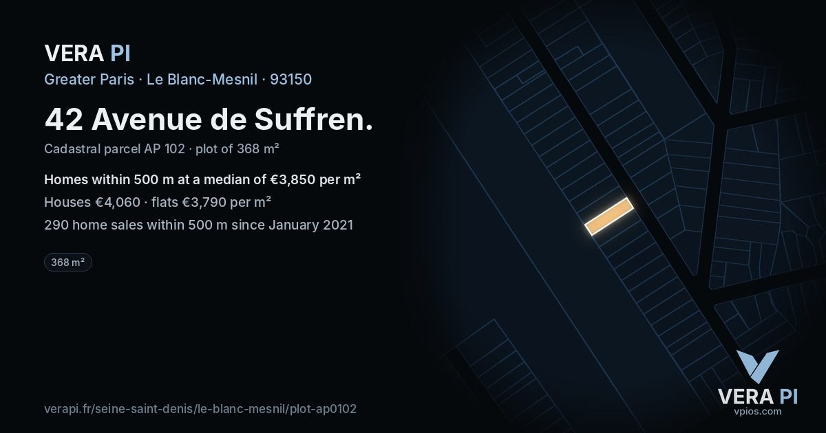 42 Avenue de Suffren, Le Blanc-Mesnil at night – the plot lit, the parcels around coloured by the prices near them
