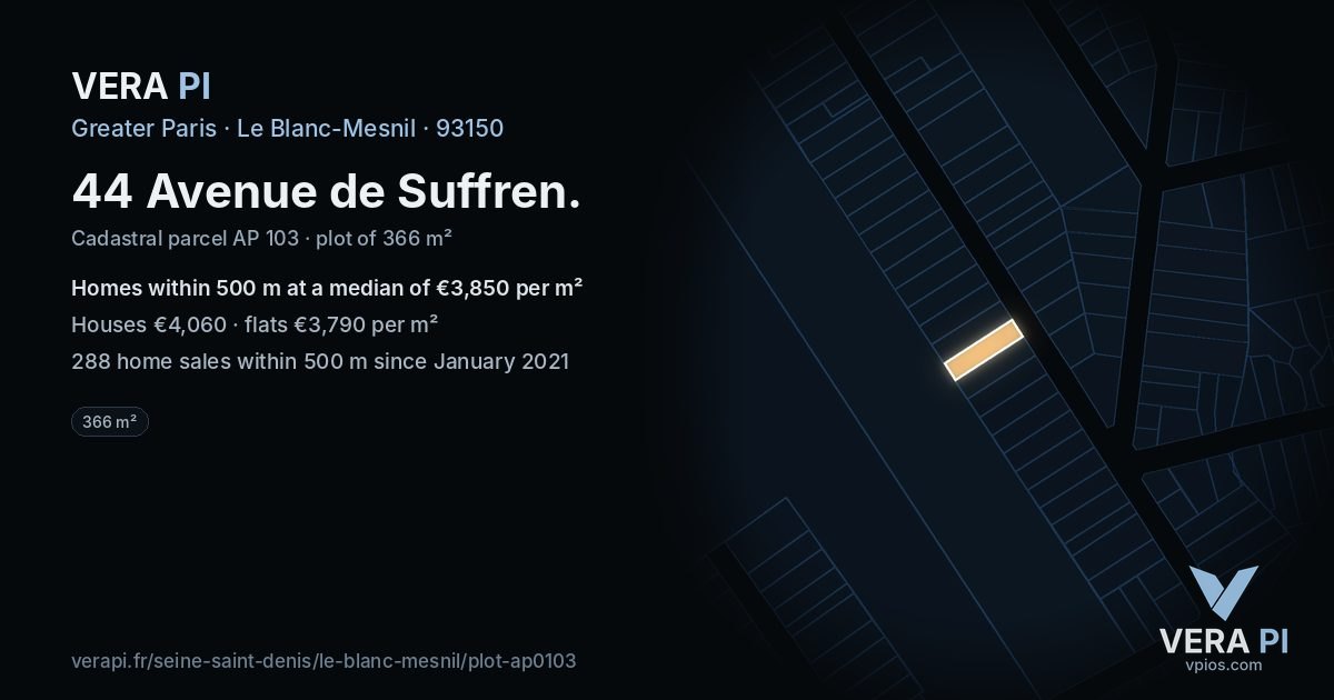 44 Avenue de Suffren, Le Blanc-Mesnil at night – the plot lit, the parcels around coloured by the prices near them