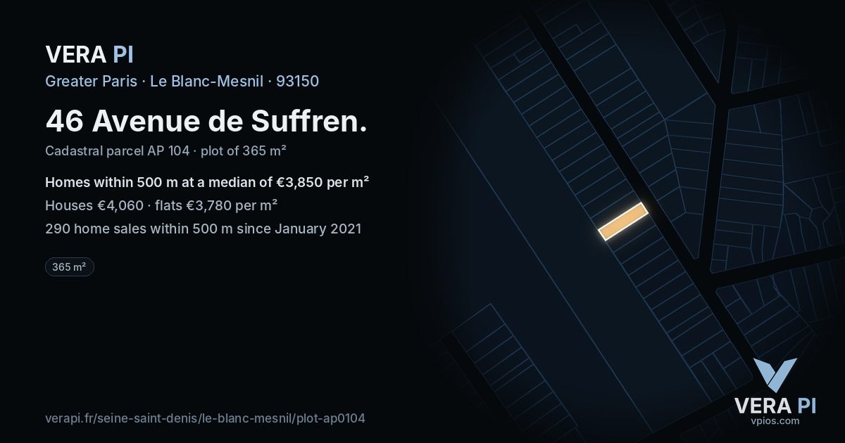 46 Avenue de Suffren, Le Blanc-Mesnil at night – the plot lit, the parcels around coloured by the prices near them
