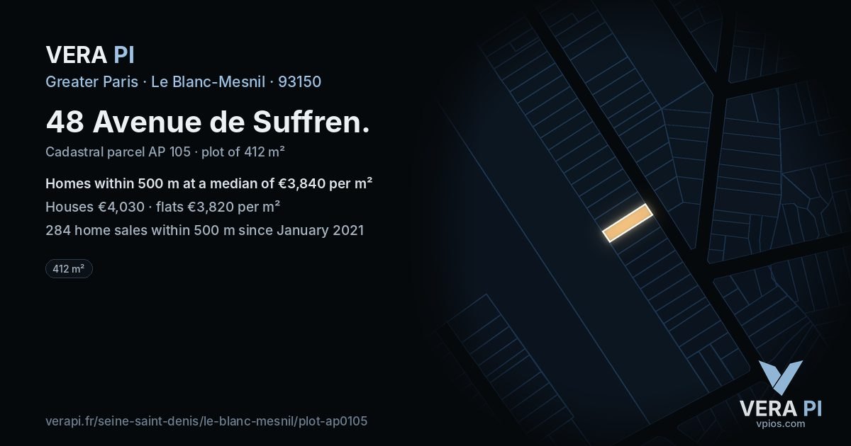 48 Avenue de Suffren, Le Blanc-Mesnil at night – the plot lit, the parcels around coloured by the prices near them