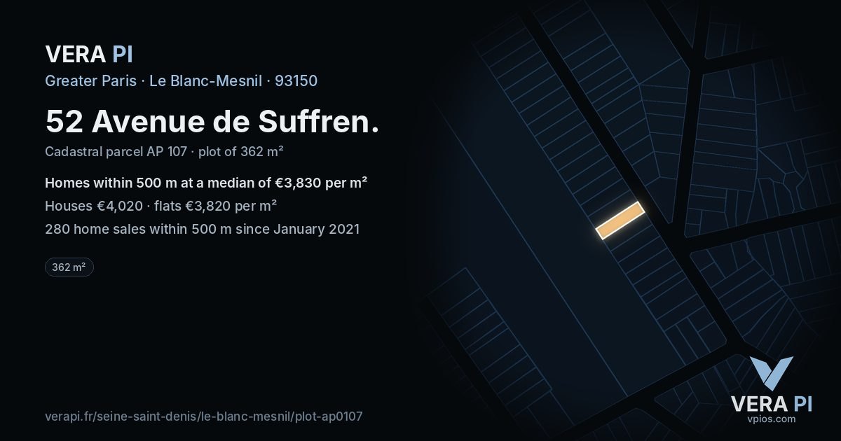 52 Avenue de Suffren, Le Blanc-Mesnil at night – the plot lit, the parcels around coloured by the prices near them